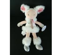 . DOUDOU ET COMPAGNIE PELUCHE POUPEE LADY ROBE MAUVE BLANC RAYE VERT CHAT NEUF