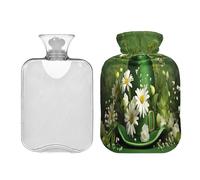 Waassud Bonnet vert et fleurs blanches Bouillotte avec housse souple pour soulager la douleur, coussin chauffant pour le cou et les épaules, taille S