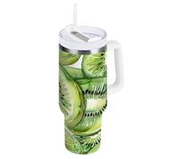 Waassud Gobelet à fruits vert kiwi avec poignée et paille - Gobelet isotherme étanche - Bouteille d'eau en acier inoxydable - Tasse à café - Cadeau de voyage pour femme - 1200 ml