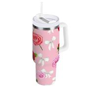 Waassud Gobelet isotherme avec poignée et paille - Motif roses avec nœuds - Étanche - En acier inoxydable - Cadeau de voyage pour femme - 1200 ml