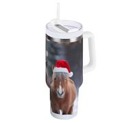 Waassud Gobelet isotherme avec poignée et paille - Tasse isotherme en acier inoxydable - Tasse à café - Cadeau de voyage pour femme - Trois chevaux miniatures dans un chapeau de Père Noël - 887 ml
