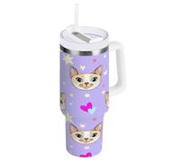 Waassud Gobelet isotherme en acier inoxydable avec poignée et paille - Motif visages de chat avec cœurs - Cadeau de voyage pour femme - 887 ml
