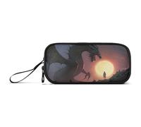 Waassud Grande trousse à crayons noire en nylon avec fermeture éclair et 3 compartiments Motif dragon de feu
