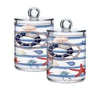 Waassud Qtip Lot de 2 boîtes de rangement pour salle de bain avec couvercle en plastique transparent pour cotons-tiges ronds Motif étoile de mer et coquillages