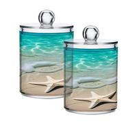 Waassud Qtip Lot de 2 boîtes de rangement pour salle de bain avec couvercle en plastique transparent pour coton-tige et tampons ronds Turquoise avec étoile de mer