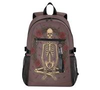 Waassud Sac à dos léger pour ordinateur portable de 20 l avec compartiment pour ordinateur portable de 14", motif tête de mort et roses pour l'université, le travail, les affaires en plein air