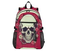 Waassud Sac à dos léger pour ordinateur portable de 20 l avec compartiment pour ordinateur portable de 14", motif tête de mort avec rose rouge, sac à dos léger pour l'université, le travail, les