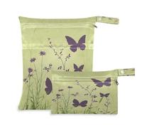 Waassud Sac à langer réutilisable avec 2 poches à fermeture éclair pour maillot de bain, vêtements de sport Motif papillons et fleurs sauvages, multicolore, Taille unique, Moderne
