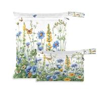 Waassud Sac réutilisable pour couches humides/sèches avec 2 poches zippées pour maillot de bain, vêtements de sport Motif fleurs sauvages Bleu, multicolore, Taille unique, Moderne