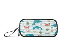 Waassud Trousse à crayons en nylon avec fermeture éclair - Grande capacité - 3 compartiments - Motif dauphins et crabes