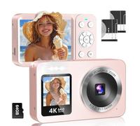 WABL Appareil photo numérique rose 4K 64MP UHD double écran, zoom 18x, appareil photo numérique portable avec carte TF de 64 Go, 2 piles rechargeables pour enfants, adolescents, adultes, cadeaux