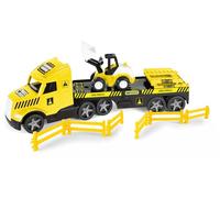 Wader 36431 - Magic Truck remorque surbaissée avec Pelleteuse, barrières et phares Lumineux, Taille env. 79 cm, pour Enfants à partir de 3 Ans, Convient comme Cadeau pour Jeux créatifs