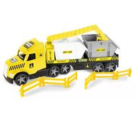 Wader 36471 - Magic Truck remorque surbaissée avec conteneurs de Chantier, Grue, barrières de sécurité et projecteurs Lumineux, Taille env. 79 cm, pour Enfants à partir de 3 Ans, Cadeau