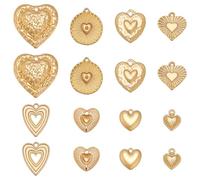 WADORN 16 pièce breloque Cœur en Laiton, 8 styles Assortiment de Breloques Pendantes D'Amour Dorées avec Anneau de Jonction Pendentifs en Métal de Cœur pour Bracelets Colliers Cadeau de Mariage