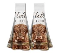 WADORN 2 Pack Occidental Highland Vache Cuisine Suspendue Serviettes avec Boucle, Bonjour Douce Joues Ferme Vache Main Cravate Serviette Microfibre Douce absorbente Linge pour Bains 12.4x13.5 in
