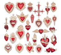 WADORN 28 pièces Breloque Vintage Gothique de Crâne de Cœur et Croix, Pendantes Tarot Émaillé D'Halloween Vrac Pendentifs de Cœur et Croix en Métal Assortis pour Bracelet Collier D'Oreille, Or Rouge