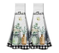 WADORN 2Pcs Eucalyptus Feuilles Serviettes Cuisine avec Boucle Suspendue, Douce absorbente Buffalo Plaid Fleur Serviettes à Main Printemps été pour Chauffage Maison Salle Cadeau, 13,5x12,4 Pouces