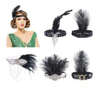 WADORN 5 Pièces Années 1920 Noir Garçonne Bandeau Halloween Strass Garçonne Coiffe avec Plumes et Cristaux, Garçonnes Bandeau Ensemble Accessoires des Années Folles Fascinateurs