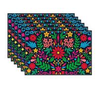 WADORN 6 pièce Napperon Floral Mexicain Dia de Los Muertos Fiesta, 30x45cm Set de Table Mexique Cinco de Mayo Décoration de Fête Tapis de Table Lavables en Tissu