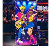 WADORN 90'S Rock and Roll Photo Door Banner, Importante Bannière Rétro en Tissu Toile de Fond 90s Fond Photo à Thème Visage dans Le Trou Accessoire Photo pour Fournitures Fête 90x180cm