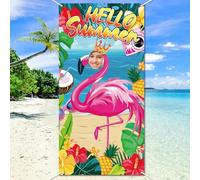 WADORN Bannière de Porte Photo Bonjour L'Été, Toile de Fond Photomaton en Tissu de Importante Taille de Flamant Rose Hawaïen Bannière de Fête Accessoires pour Anniversaire Fête Luau Tiki 90x180cm
