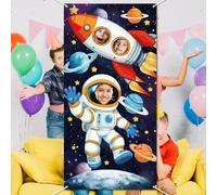 WADORN Bannière de Porte Photo de l'espace Planète, Toile de Fond Photomaton de Importante Taille Fusée D'Astronaute Arrière Plan l'espace Visage Drôle Trou pour d'anniversaire l'espace 90x180cm