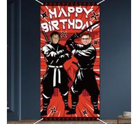 WADORN Bannière Photo de Joyeux Anniversaire Ninja, Décoration de Fête Toile de Fond de Photographie de Ninja Japonais Rouge et Noir Guerrier dans Décoration de Porte pour Fête Maître Ninja 90x180cm