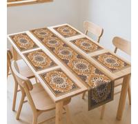 WADORN Boho Ethnic Table Runner et Placemats Set 6, Vintage Orange Brown Fleur Cuisine Table à Manger Décoration Rustique Art Abstrait Floral Machine Lavable Régimes Repas pour Maison Cuisine Party