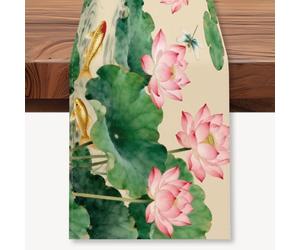 WADORN Chemin de Table Lotus Rose Chinois Chemin de Table Décoratif de Style Zen Inspiré des Peintures Chinoises Anciennes (33x183cm ) pour Cuisine Ou Fêtes Style Asiatique Traditionnel et Oriental