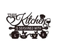 WADORN Décoration Murale de Cuisine en Métal Cette Cuisine Est Assaisonnée avec Amour, Art Mural en Métal Suspendue Panneaux Mot Nom Sculpture Statues Décoration pour Maison Restaurants 23x38cm