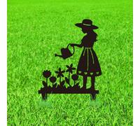 WADORN Girl Waters the Flowers Piquets décoratifs en métal pour jardin, terrasse, jardin, cour, pelouse, statues d'extérieur noires élégantes