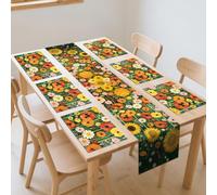 WADORN Peinture à l'huile Fleur Table Runner et Placemats Ensemble de 6, Printemps Été Fleur Abstraite Cuisine Table à Manger Tapis Art Moderne Régimes à Manger pour Protection des Tables Décor fête
