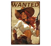 WADORN Plaque en Métal Cowgirl Pin Up de L'Ouest, 20x30cm Plaque Murale Humoristique en Étain Style Rétro 'Man Cave' 'Vintage Wanted Cowgirl' Décoration pour Garage Club Salon