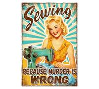 WADORN Plaque en Métal de Salle de Couture, Plaque Murale Rétro en Métal de Inscription Sewing Because Murder Is Wrong Décoration à Suspendre Plaque Murale en Métal à Coudre pour Couture 20x30cm