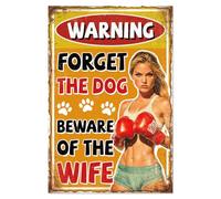WADORN Plaque en Métal Humoristique Man Cave, Oubliez le Chien Méfiez Vous de Votre Femme Panneaux Métalliques Vintage Signes D’avertissement pour Maison Bureau Garage 20x30cm