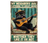 WADORN Plaque en Métal Vintage avec Guitare et Chat, 20x30cm Plaque Murale Humoristique en Étain Style Rétro pour Cafés Pubs Bars Mes Voisins Écoutent de Bonne Musique Chat Décoration pour Maison
