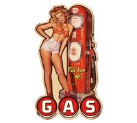 WADORN Plaque en Métal Vintage Femme Pin Up dans une Station Service, Plaque Murale Humoristique en Étain Garage Bar Club Poule Garage Femme Sexy Décoration pour Maison Caverne D'Homme, 38x22.2cm