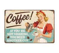 WADORN Plaque en Métal Vintage Pin Up Girl Café Plaque Décorative Rétro Humoristique de 20x30cm pour Bar Café Restaurant Garage Pub. « Si Vous Ne Tremblez Pas Vous Avez Besoin D'Une Autre Tasse ».