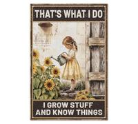 WADORN Plaque Métallique Rétro en Forme de Tournesol, C'Est Ce Que Je Fais Je Cultive des Trucs et Je Sais des Choses Plaques Murales en Métal Dame Arrosant un Tournesol pour Jardin Porche 20x30cm