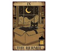 WADORN Plaque Métallique Tarot Cat, 20x30cm Plaque Murale Humoristique en Étain Style Rétro pour Cafés Pubs Bars Vintage The Hermit Tarot Cat Box Décoration pour Maison Club Amoureux des Chats