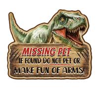 WADORN Plaque Métallique Vintage de Dinosaure, Plaque Murale Humoristique en Étain 34x28cm Style Rétro Animal Disparu Si Trouvé Ne Pas Caresser Ou Se Moquer des Bras Décoration pour Garage