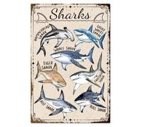 WADORN Plaque Métallique Vintage de Requin, 20x30cm Aquarelle Requin Connaissance Rétro Art Mural Signe Drôle Océan Animal Affiche en Métal Plaque Décorative pour Homme Cave Maison Chambre
