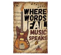 WADORN Plaques en Métal Vintage avec Guitare Amusante, 20x30 cm Plaque Métallique Rétro 'When Words Fail Music Speaks' Citations Humoristiques Sur L'Amour de Musique Décor pour Salle de Jeux Club Bar