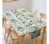 WADORN Retro Floral Botanical Table Runner et Placemats Set de 6, décoration de Table à Manger de Printemps d'été de Saison Rustique Cottagecore Green Sketch