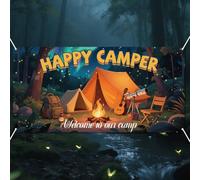 WADORN Toile de fond pour camping, 1,5 x 9,7 m, bannière Happy Camper, feu de camp, tentes de forêt, toile de fond pour photographie, décoration à thème pour camping, anniversaire, aventure dans la