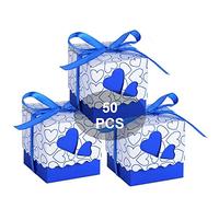 WADY Lot de 50 bonbonnières en forme de cœur, porte-dragées, marque-place, cadeau avec ruban satiné, bleu