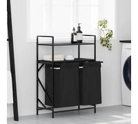 Wäschekorb mit 2 Fächern und Ablagen, Stahlrahmen, Holzregal in Schwarzeiche, Herausnehmbare Wäschesäcke, Ideal für Waschküche, Badezimmer und Schlafzimmer, 67W x 33D x 97H cm