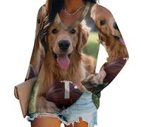 WAFICAC T-Shirt à col en V pour Femme Golden Retriever Football Soccer T-Shirt à Manches Longues Tunique Ample