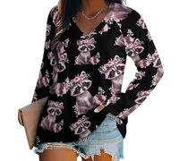 WAFICAC T-Shirt à Manches Longues et col en V pour Femme avec Motif de Raton Laveur Mignon et Couronne de Fleurs