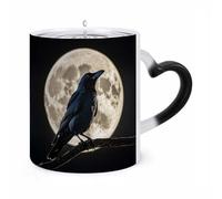WAFICAC Tasse changeante Black Crow à la pleine lune, 325 ml, avec anse en forme d'oreille, amusante, en céramique, personnalisable, idéale pour le thé chaud, pour homme et femme.